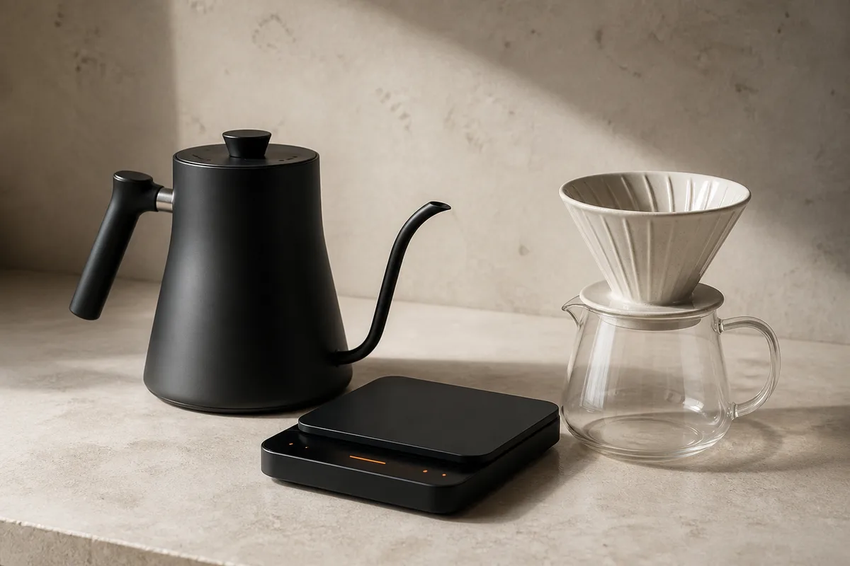 zwanenhalsketel, koffieweegschaal en pour-overdripper