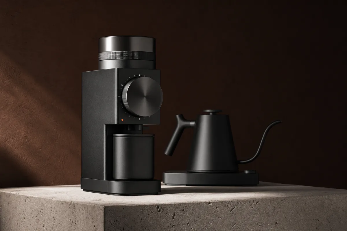 elektrische koffiemolen met maalschijven en temperatuurregelbare ketel