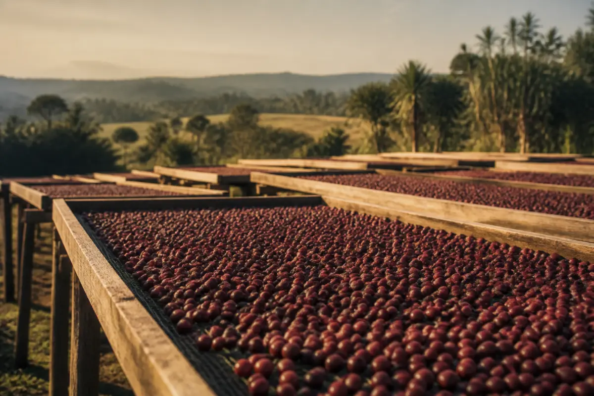 Coffee cherries drying on raised beds
